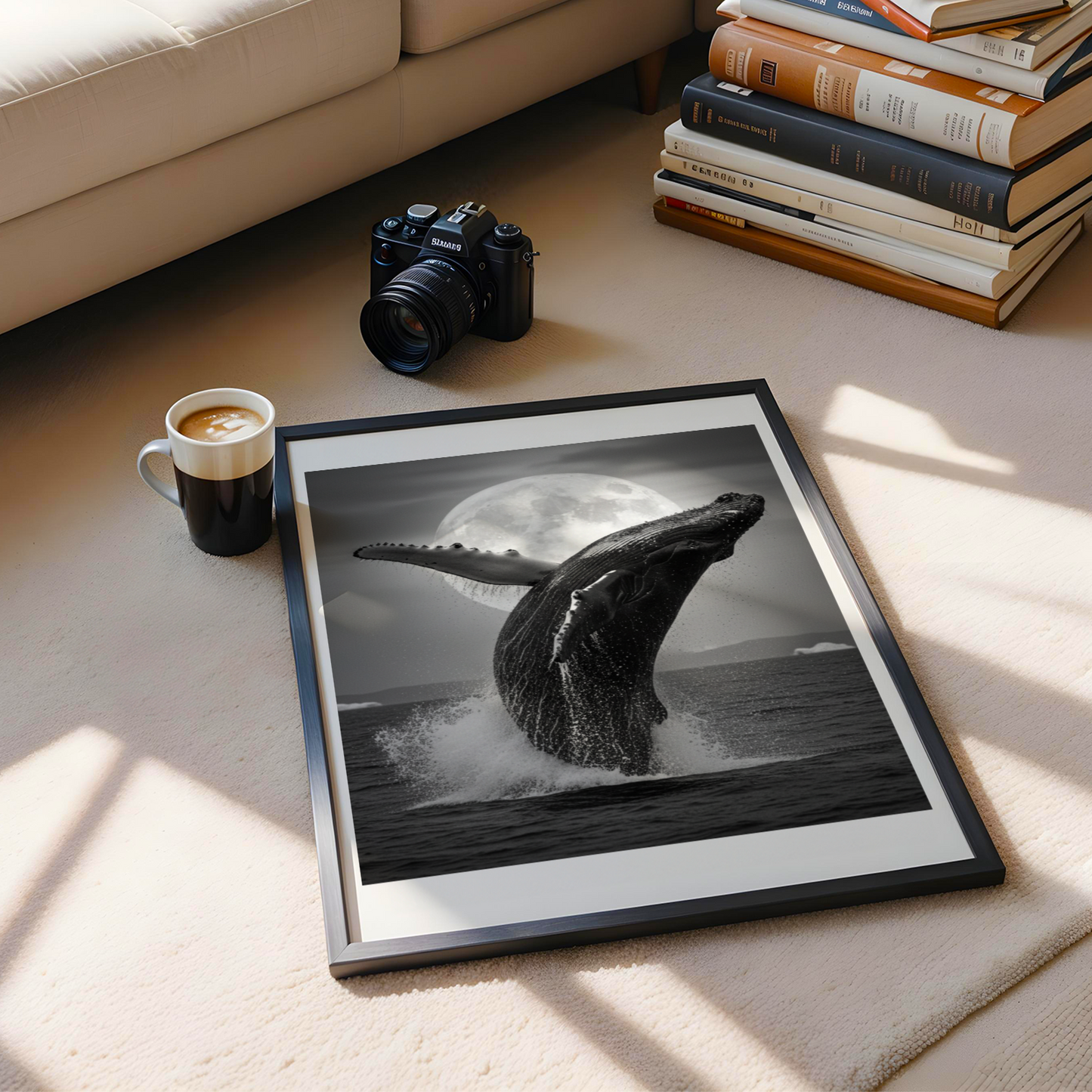 ästhetisches poster eines Wals, Blauwal, Meer, schwarz weiß poster, minimalistisches poster, Meereslandschaft, wilde Tiere