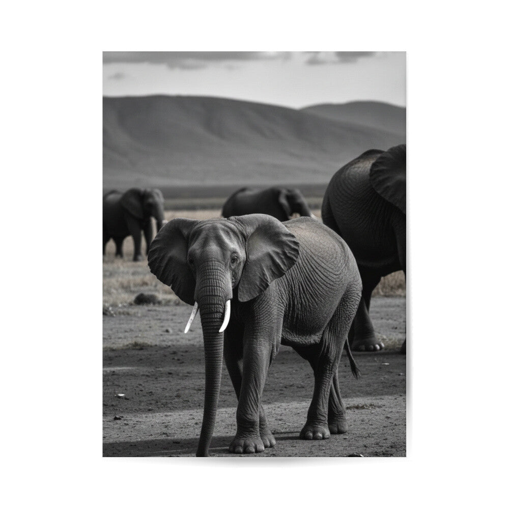 ästhetisches poster eines Elefanten, schwarz weiß poster, minimalistisches poster, afrikanische Landschaft, Wildnis
