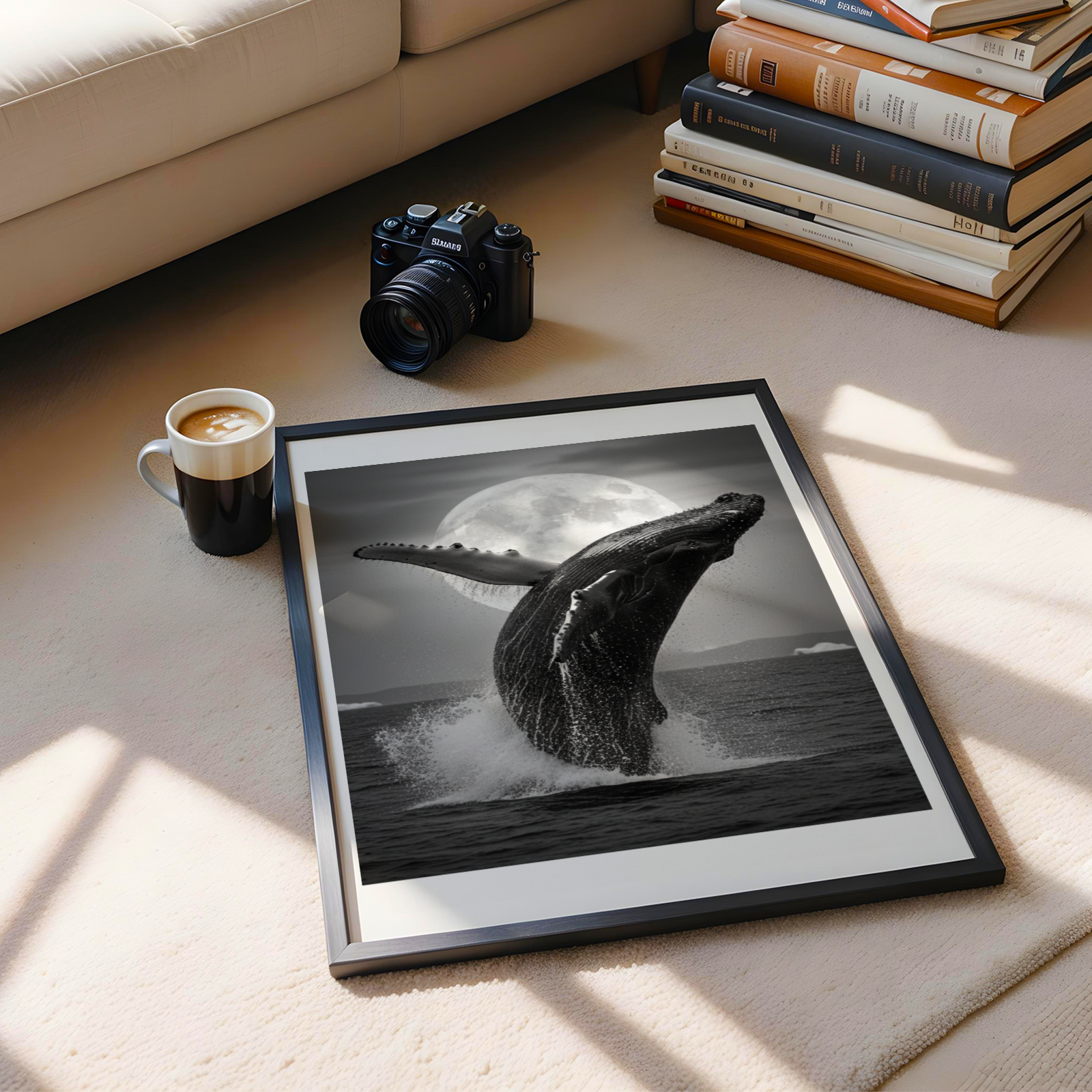 ästhetisches poster eines Wals, Blauwal, Meer, schwarz weiß poster, minimalistisches poster, Meereslandschaft, wilde Tiere