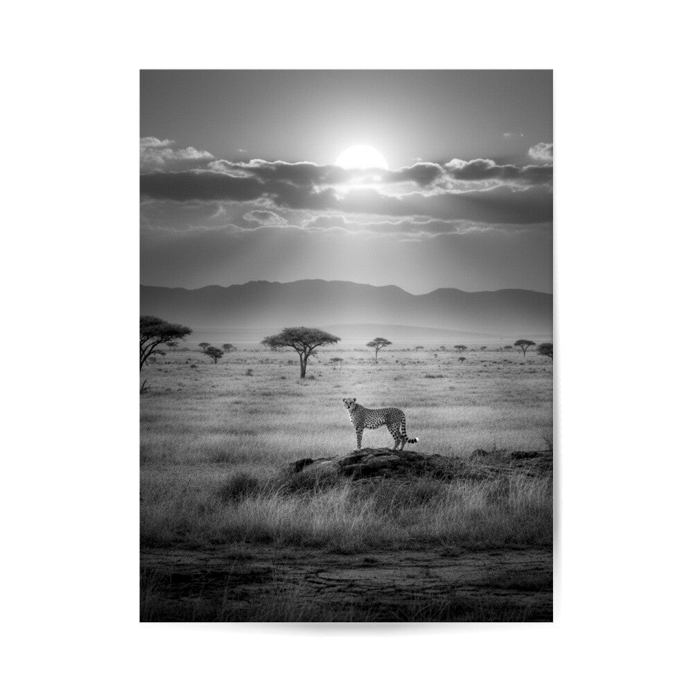 ästhetisches poster eines Geparden schwarz weiß poster, minimalistisches poster, ästhetische Wildnis, afrikanische Landschaft