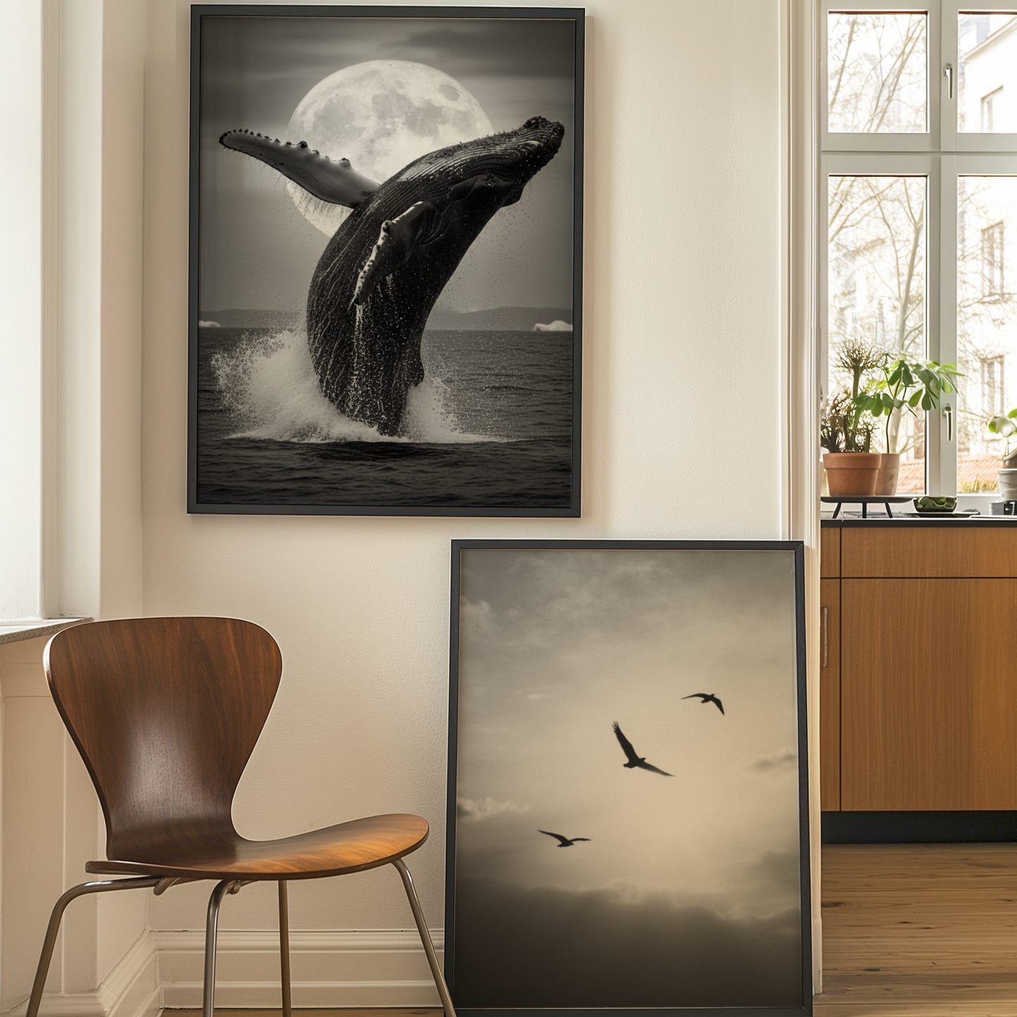 ästhetisches poster eines Wals, Blauwal, Meer, schwarz weiß poster, minimalistisches poster, Meereslandschaft, wilde Tiere