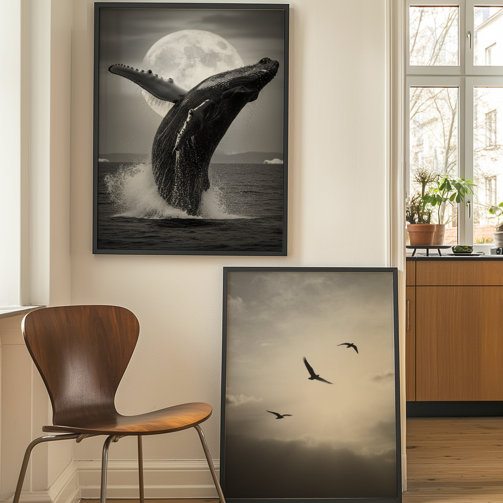 ästhetisches poster eines Wals, Blauwal, Meer, schwarz weiß poster, minimalistisches poster, Meereslandschaft, wilde Tiere
