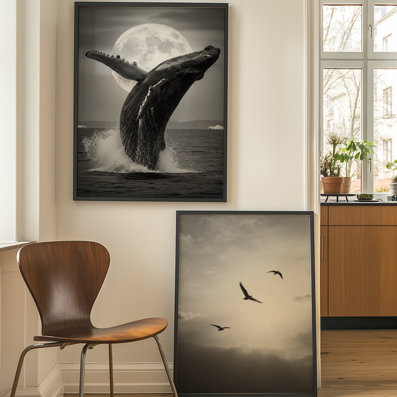 ästhetisches poster eines Wals, Blauwal, Meer, schwarz weiß poster, minimalistisches poster, Meereslandschaft, wilde Tiere