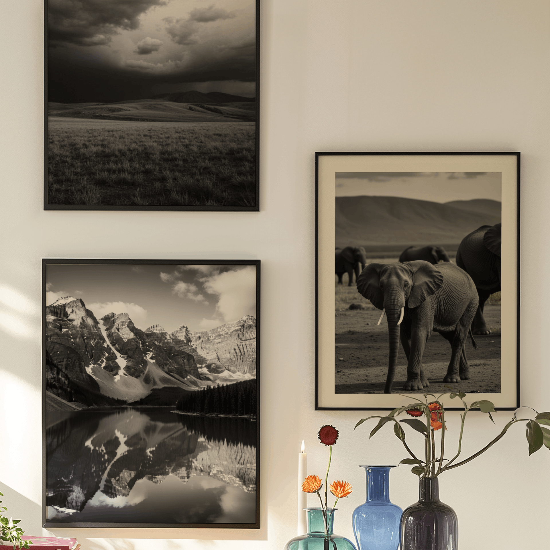 ästhetisches poster eines Elefanten, schwarz weiß poster, minimalistisches poster, afrikanische Landschaft, Wildnis, ästhetisches poster für zuhause oder büro, minimalistisches poster, elegante dekoration, poster für schlafzimmer, esszimmer poster, Kanadischer See, Kanadische Berge, Landschaft Poster